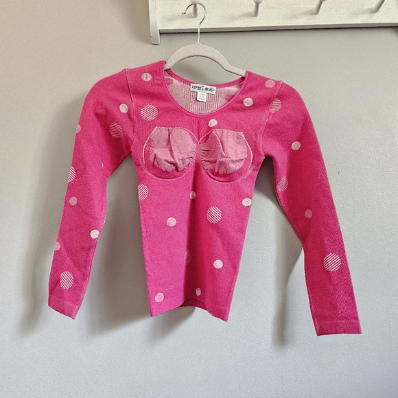 Knit pink long sleeve fitted tee top polka dot Y2k vintage size Small crew neck - Picture 6 of 6